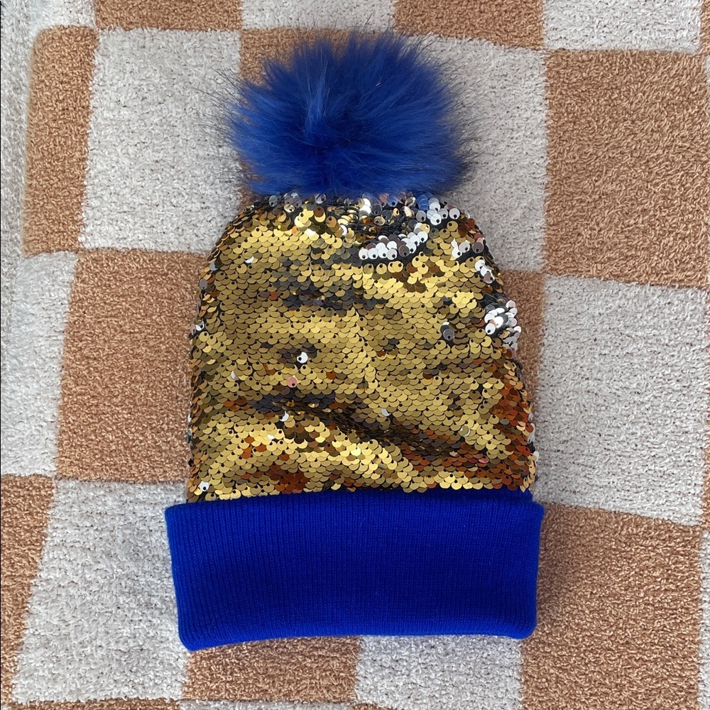 Gold Sequin Flippable Girls Beanie with Blue Pom-Pom - Picture 1 of 3
